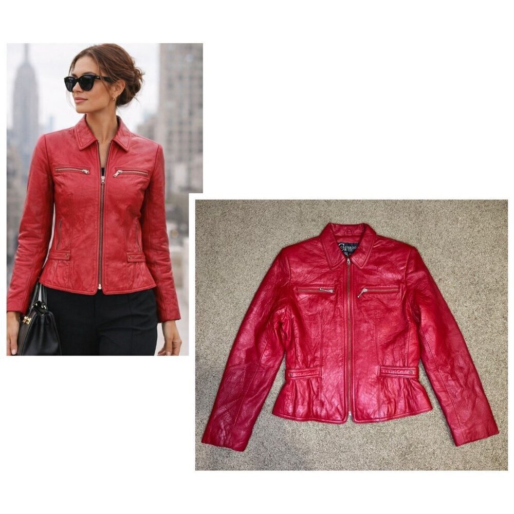 COLEBROOK Red Soft Leather Jacket Womens SMALL Biker Chic Classic Elegant Preppy